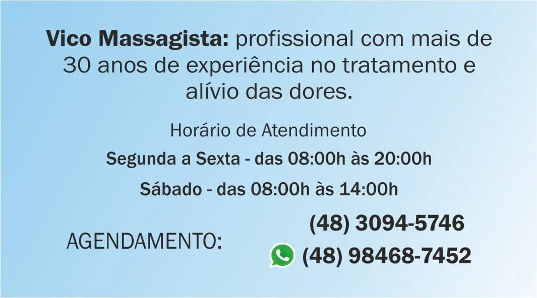 Massagem para dor nas costas: Vico Massagista atende em São José (SC). Oferece: Quiropraxia, Massagem Terapêutica, Massoterapia e Ventosaterapia. Profissional com mais de 30 anos de experiência com terapias e massagens para tratamento, alívio das dores e bem-estar em São José (SC)